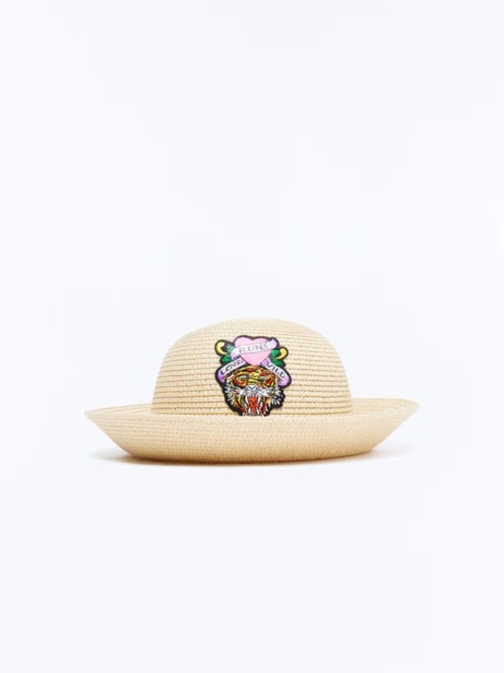 Embroidered Straw Sun Hat with Tiger Patch - Natural